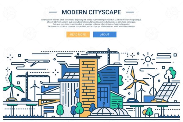 现代城市景观主题线性设计风格矢量插画 Modern Cityscape – line design style illustration