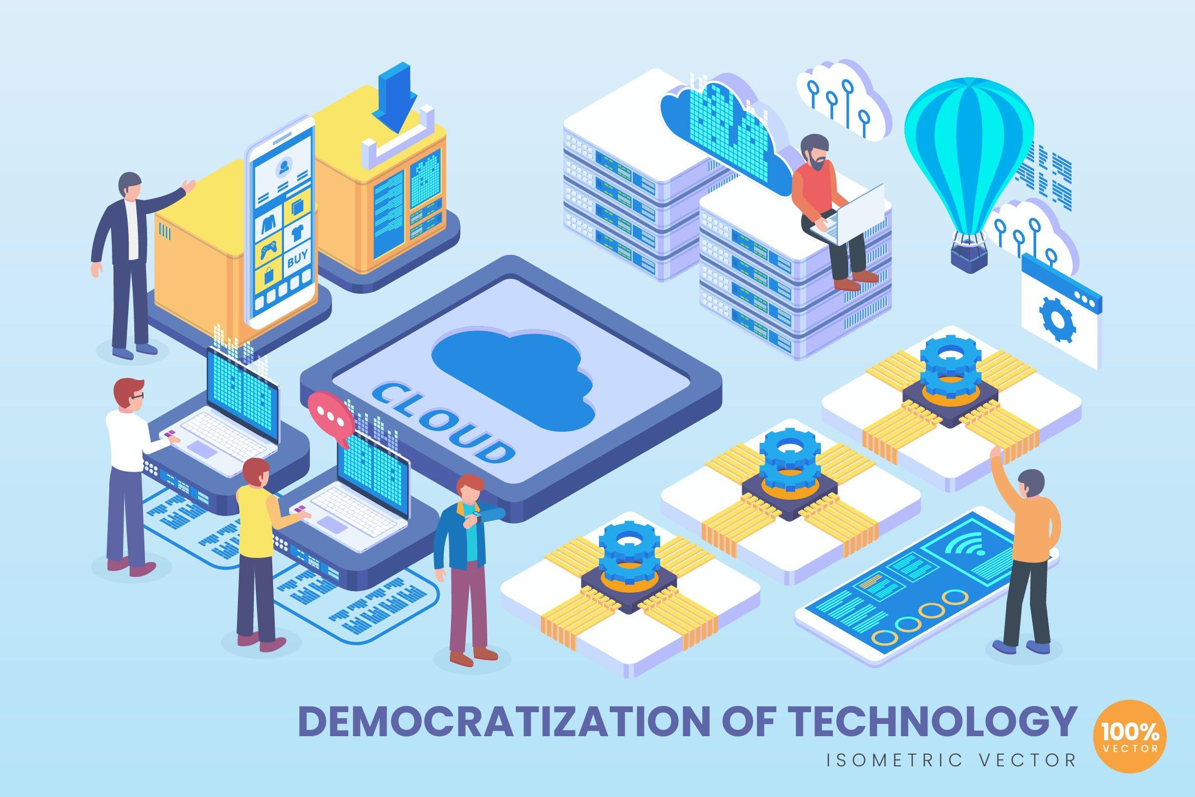 技术大众化主题2.5D矢量等距概念插画 Isometric Democratization Of Technology Vector