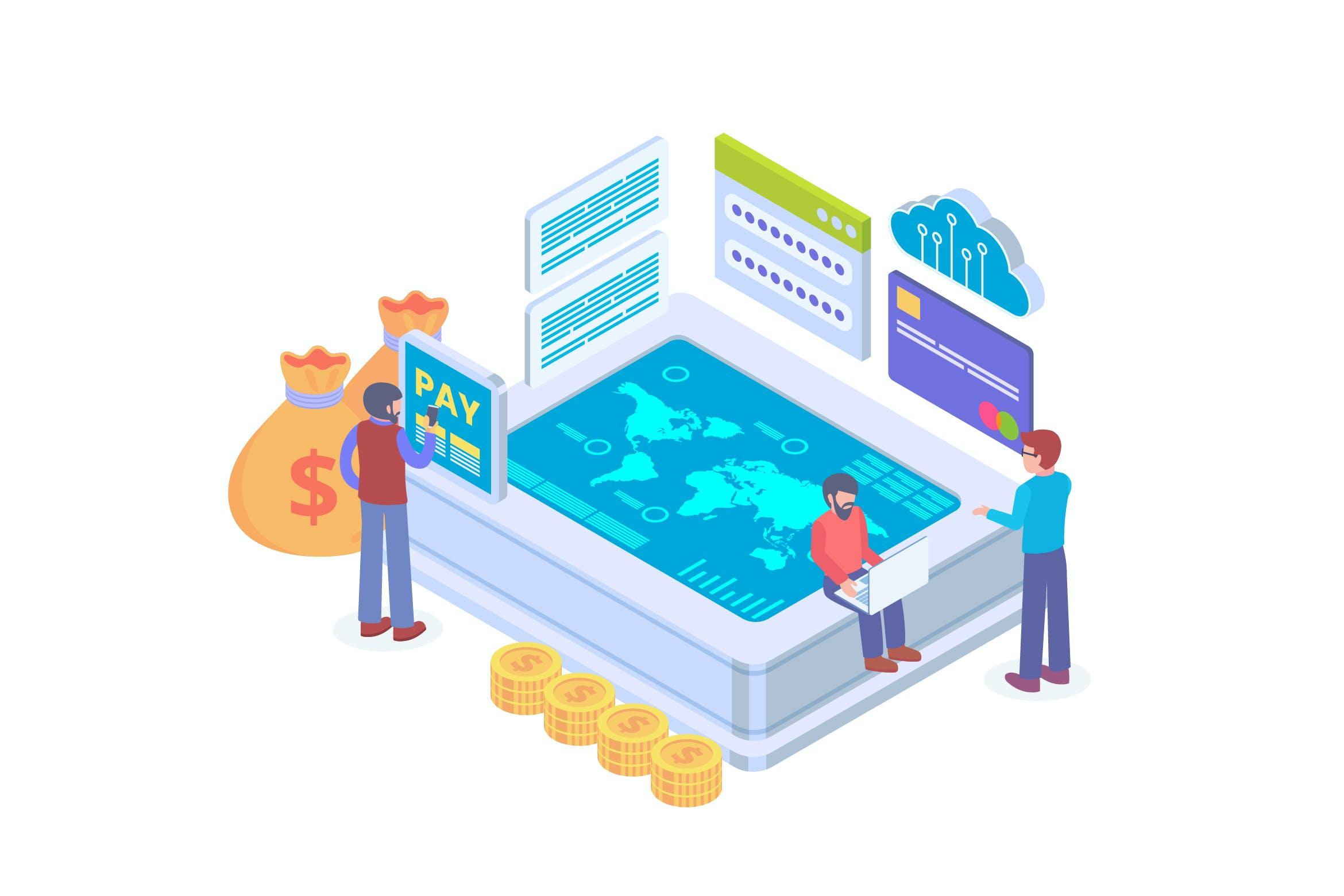 国际支付主题等距矢量概念插画 International Payment Isometric Vector