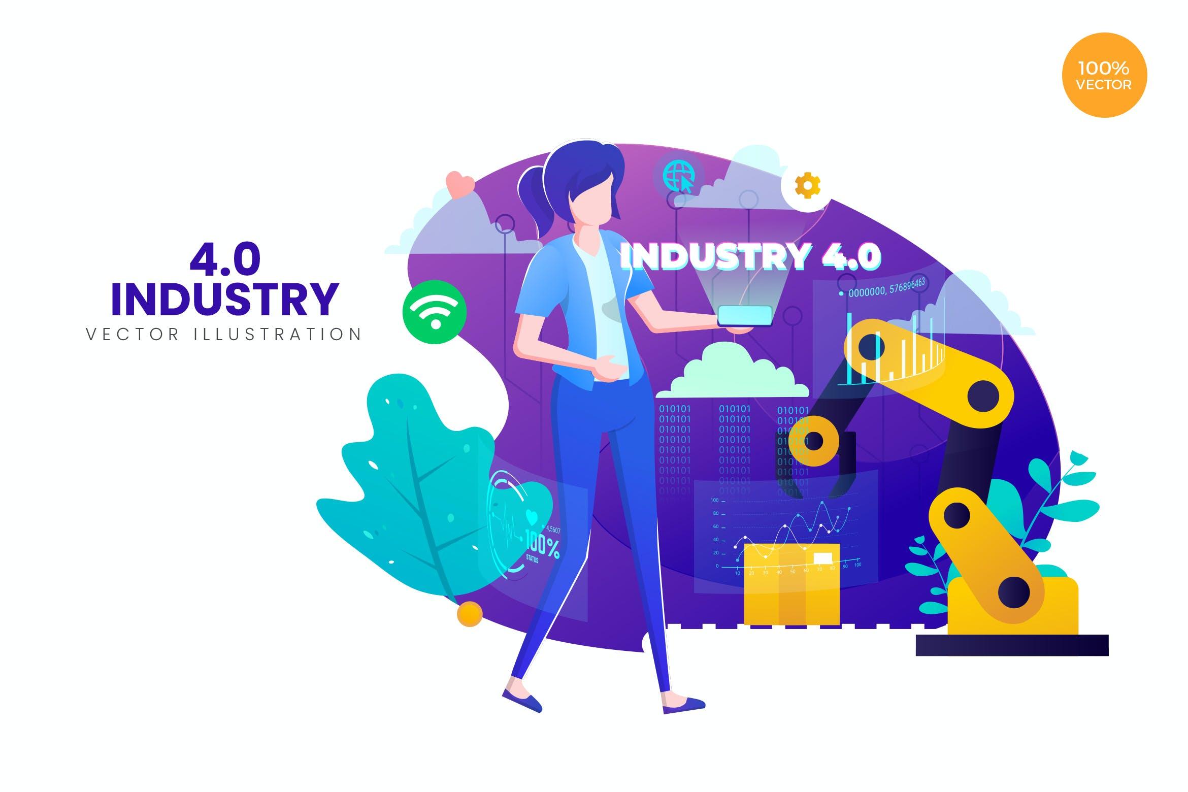 现代化工业4.0主题APP网页设计矢量概念插画v2 Industry 4.0 Vector Illustration Concept 2