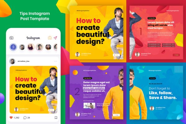多彩风格创意想法主题Instagram帖子模板 Tips Instagram Template