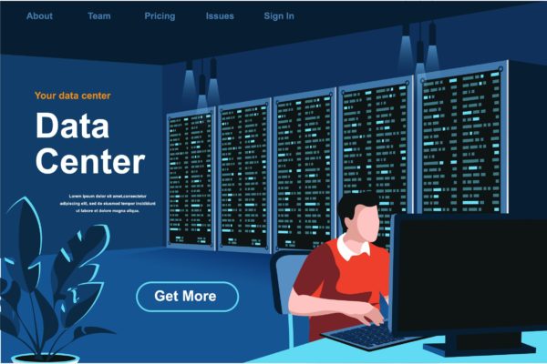 数据中心主题网站页面设计等距概念扁平插画 Data Center Isometric Web Page Flat Concept