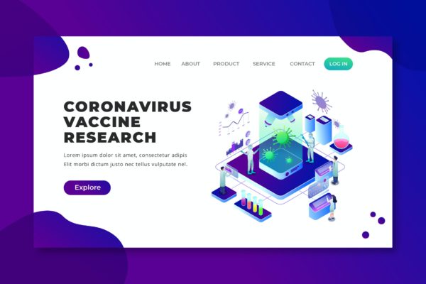 冠状病毒疫苗研究矢量插画网站着陆页模板 Coronavirus Vaccine Research – XD AI Landing Page