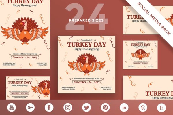 感恩节庆祝活动主题社交媒体贴图设计模板v2 Thanksgiving Celebration Social Media Pack Templat