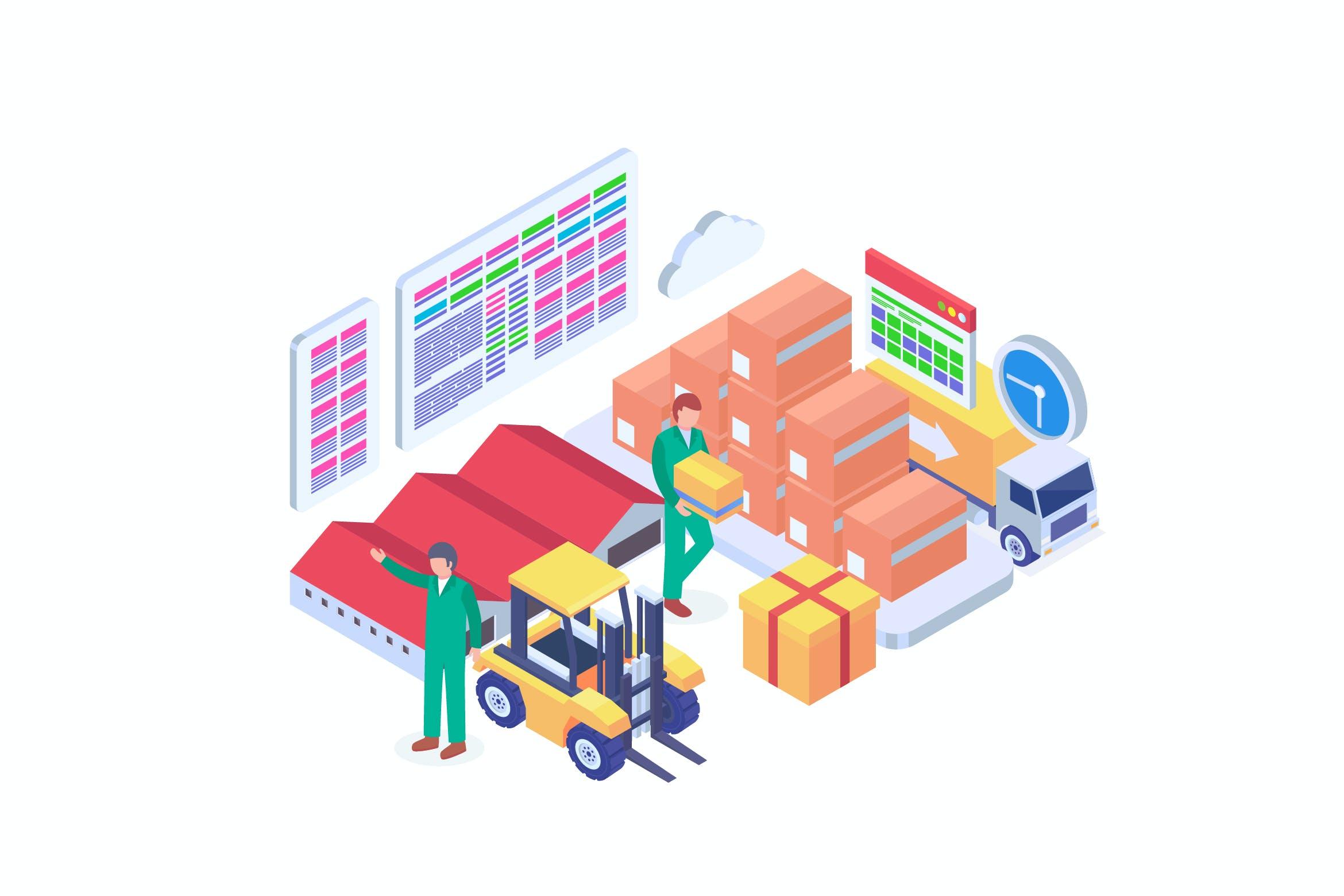 仓库货物管理主题等距矢量概念插画 Warehouse Goods Management Isometric Vector 2
