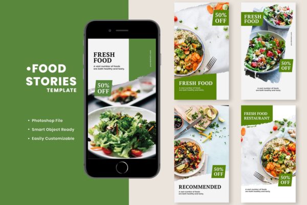 健康饮食餐厅推广Instagram故事贴图模板 Fresh Food Instagram Stories Template