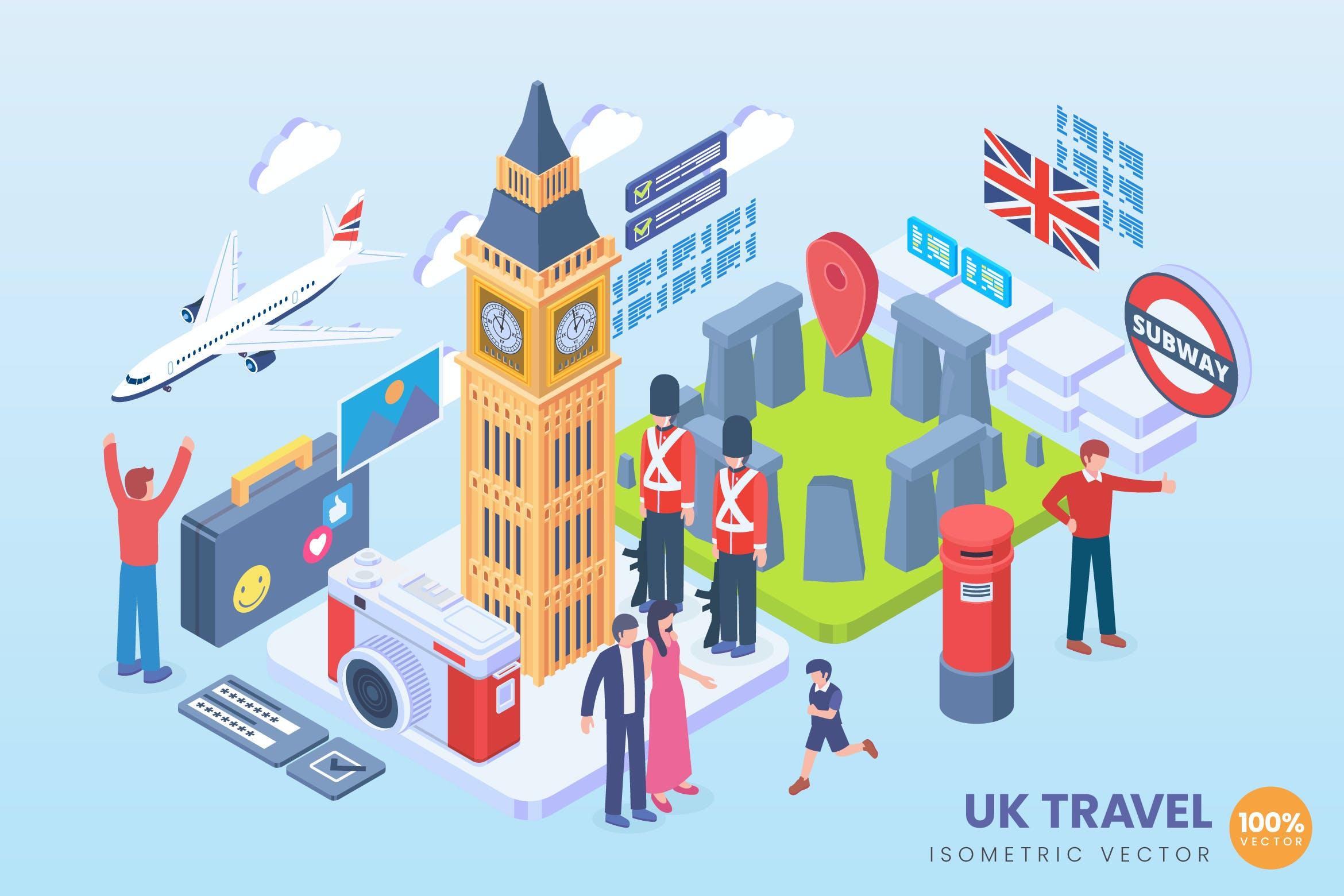 英国假日主题2.5D等距概念插画 Isometric United Kingdom Holiday Vector Concept
