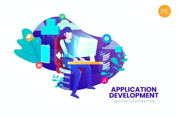 应用开发主题APP&网站设计矢量插画 Application Development Vector Illustration
