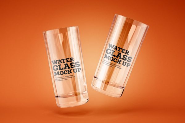 悬浮效果透明玻璃水杯品牌标签设计样机模板 Water and Cocktail Glass Mockup