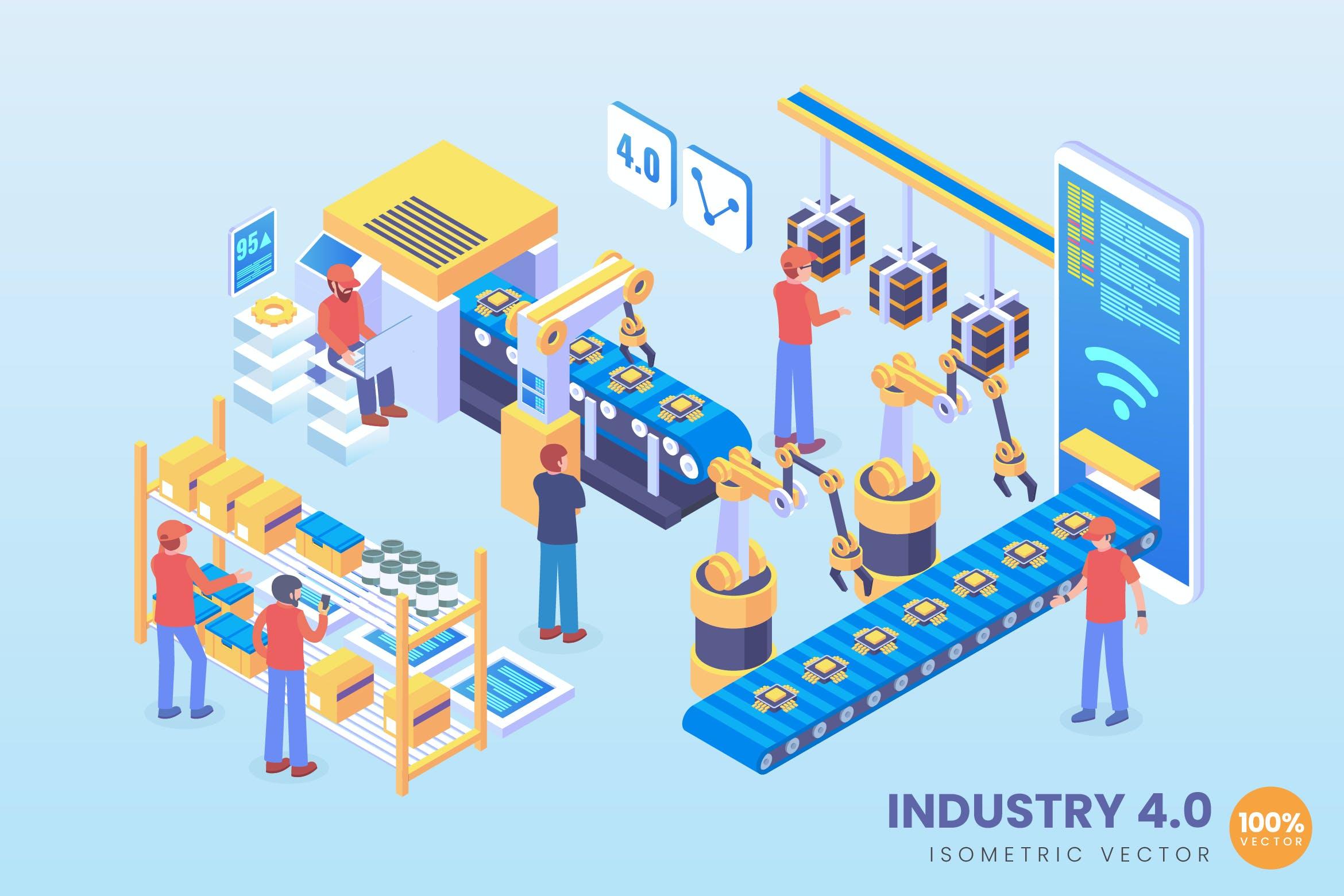 现代化工业4.0主题2.5D矢量等距概念插画v2 Isometric industry 4.0 Vector Concept 2