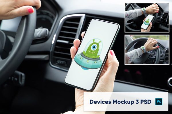 车内场景智能手表&手机屏幕预览样机PSD模板 Smart Watch and Phone in Car Interior Mockup 3 PSD