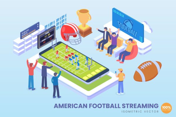 美式足球流媒体直播主题等距矢量概念插画 Isometric American Football Streaming Vector