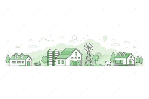 乡村景观主题线性设计风格矢量插画 Country landscape – line design style illustration