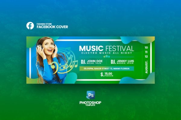 大型音乐节主题活动社交媒体主页封面设计模板 Music Festival Facebook Cover Template