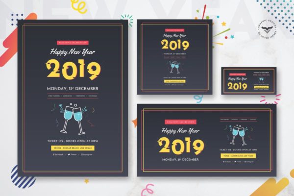 新年庆祝主题社交媒体贴图/广告设计模板 New Year Flyer & Social Media Pack