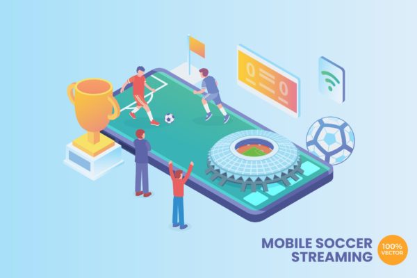足球比赛手机流媒体直播技术主题等距矢量概念插画 Isometric Soccer Streaming Vector Concept