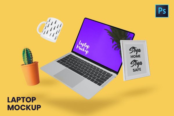 悬浮状态笔记本电脑屏幕UI设计效果图展示样机 Laptop Mockup