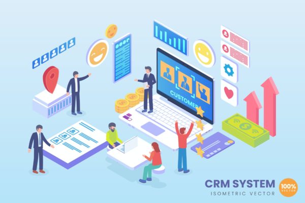 CRM系统主题等距概念插画 Isometric CRM System Vector Concept Illustration