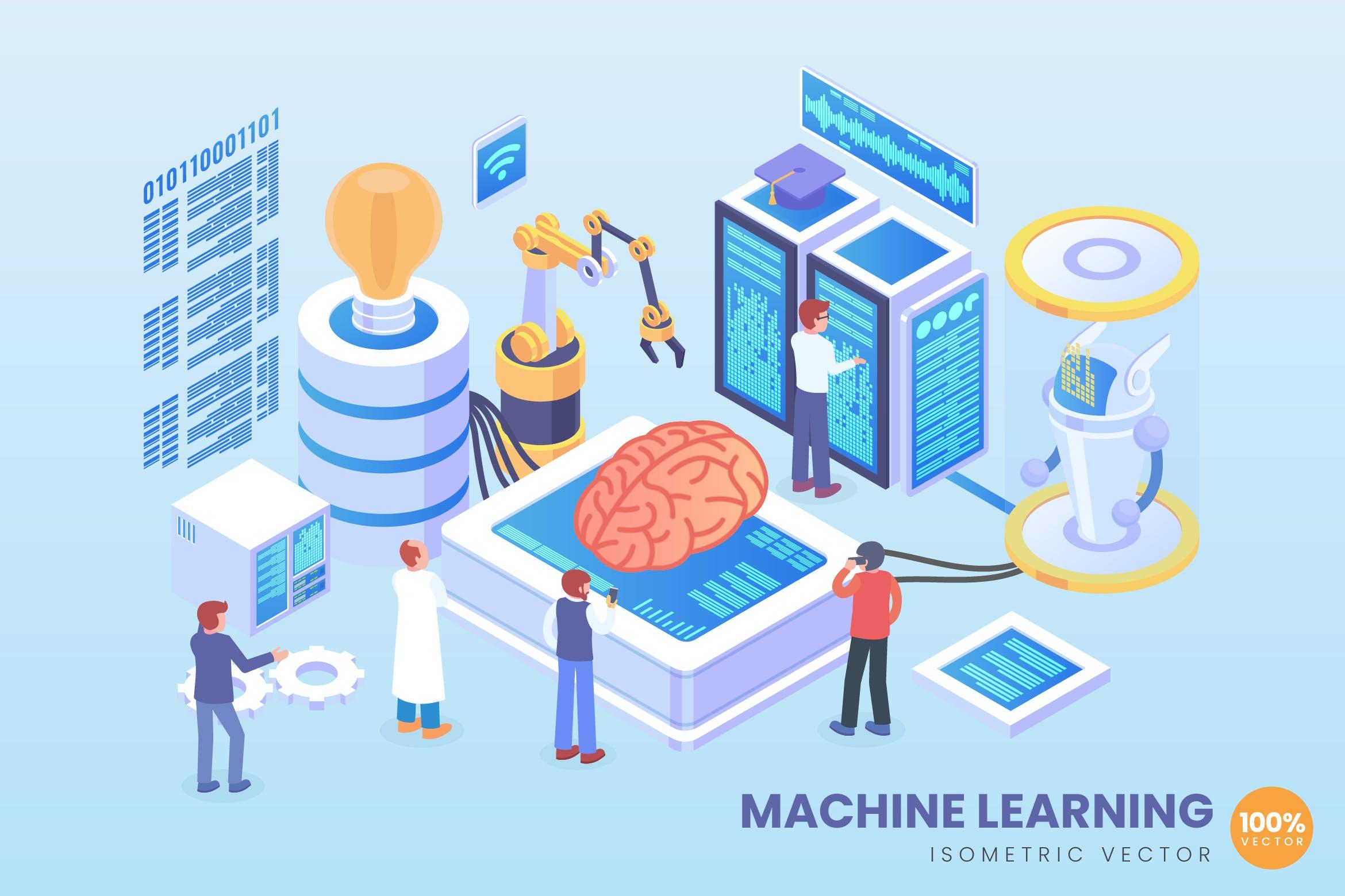 机器学习主题矢量等距概念插画 Isometric Machine Learning Vector Concept