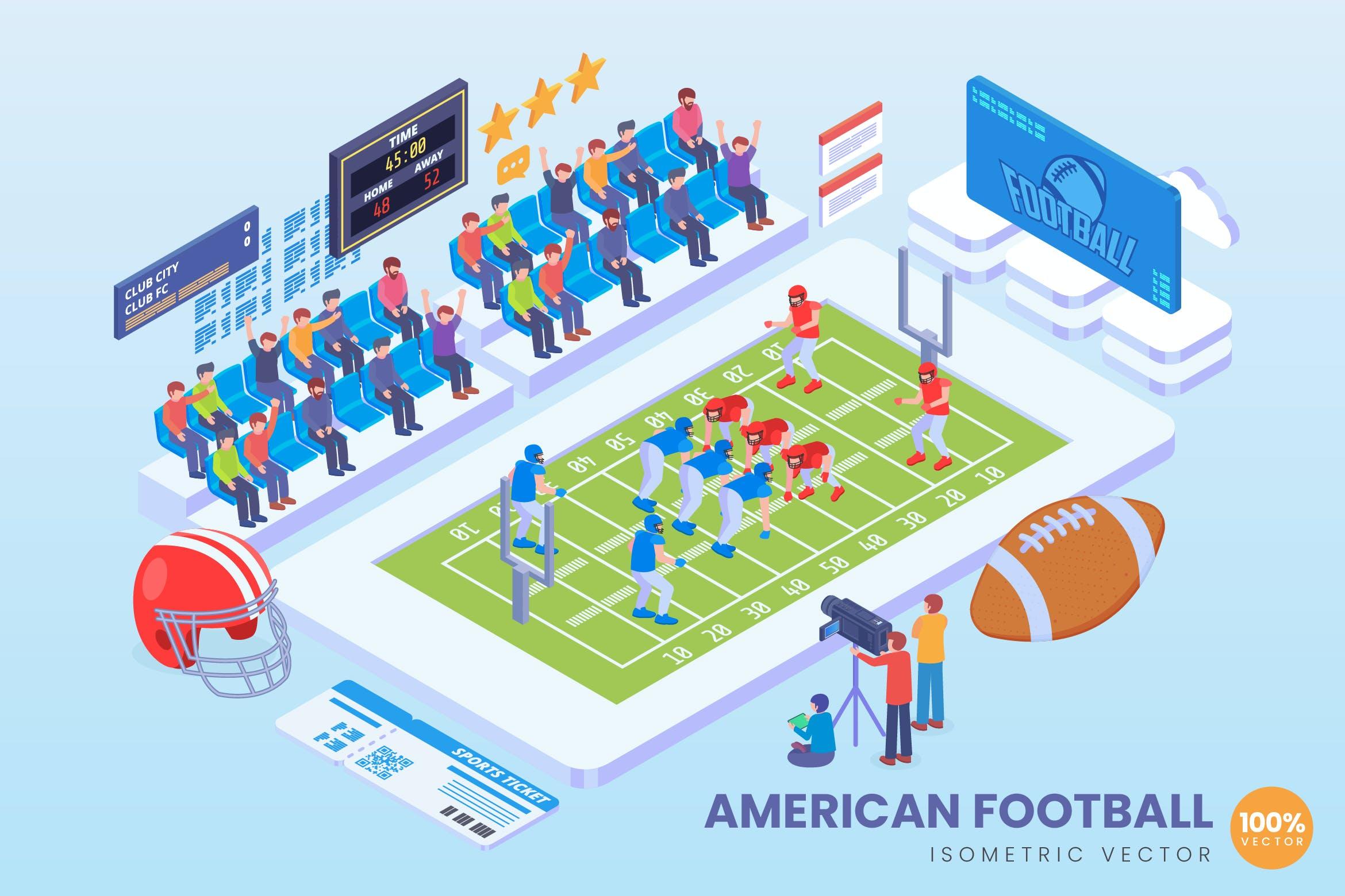 美式足球主题2.5D矢量等距概念插画 Isometric American Football Vector Concept