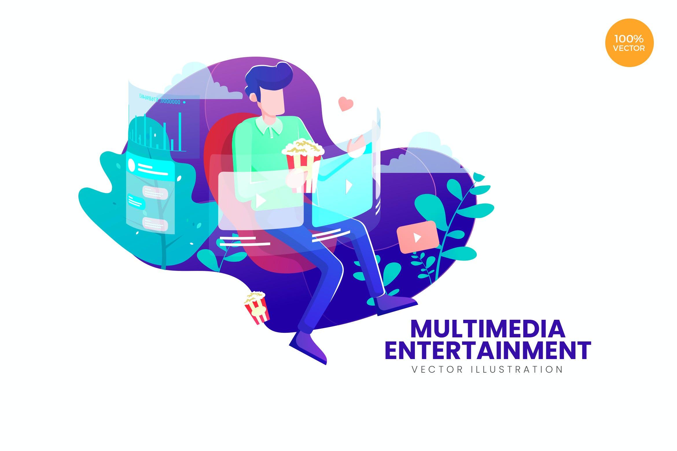 多媒体娱乐主题APP&网站设计矢量插画 Multimedia Entertainment Vector Illustration Conce
