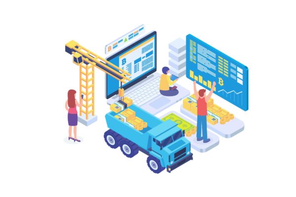 比特币挖掘科技等距矢量概念插画v2 Bitcoin Mining Technology Isometric Vector