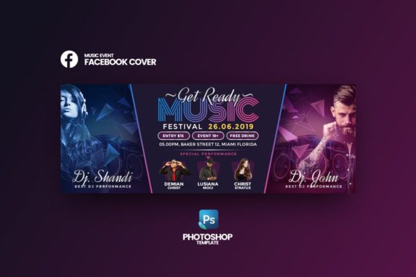 音乐活动主题社交媒体主页封面设计模板 Music Events Facebook Cover Template