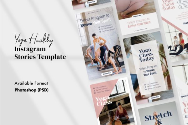 瑜伽培训机构社交媒体广告设计PSD模板 Healthy Yoga Instagram Stories Template PSD