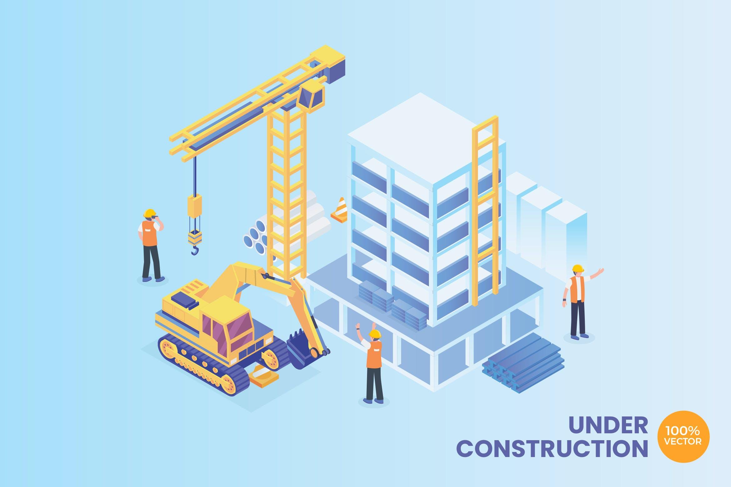 底层建筑技术2.5D矢量等距概念插画 Isometric Under Construction Vector Concept