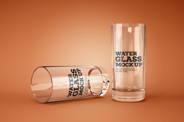 透明玻璃水杯品牌标签设计效果图样机 Water and Cocktail Glass Mockup