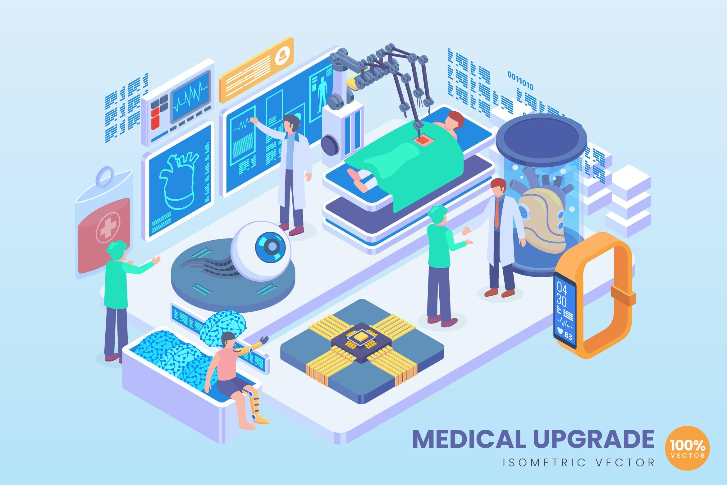 医学技术升级主题等距矢量概念插画 Isometric Medical Upgrade Vector Concept