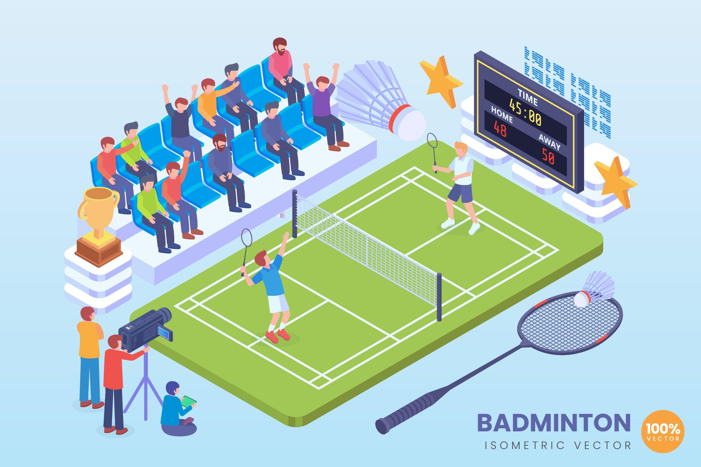 羽毛球比赛主题2.5D矢量等距概念插画 Isometric Badminton Match Vector Concept