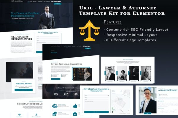 律师事务所/律师机构WordPress网站Elementor模板 Ukila – Lawyer & Attorney Template Kit for Elementor