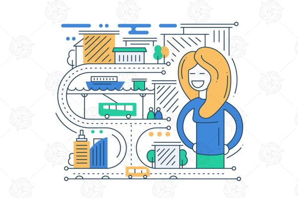 城市生活主题线性设计风格矢量插画v2 City Life – line design composition