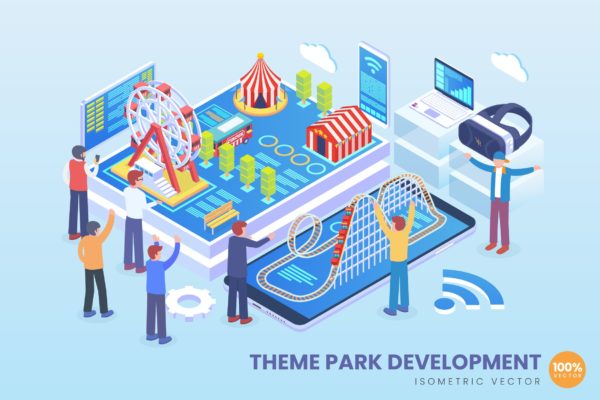 主题乐园开发主题矢量等距概念插画 Isometric Theme Park Development Vector Concept