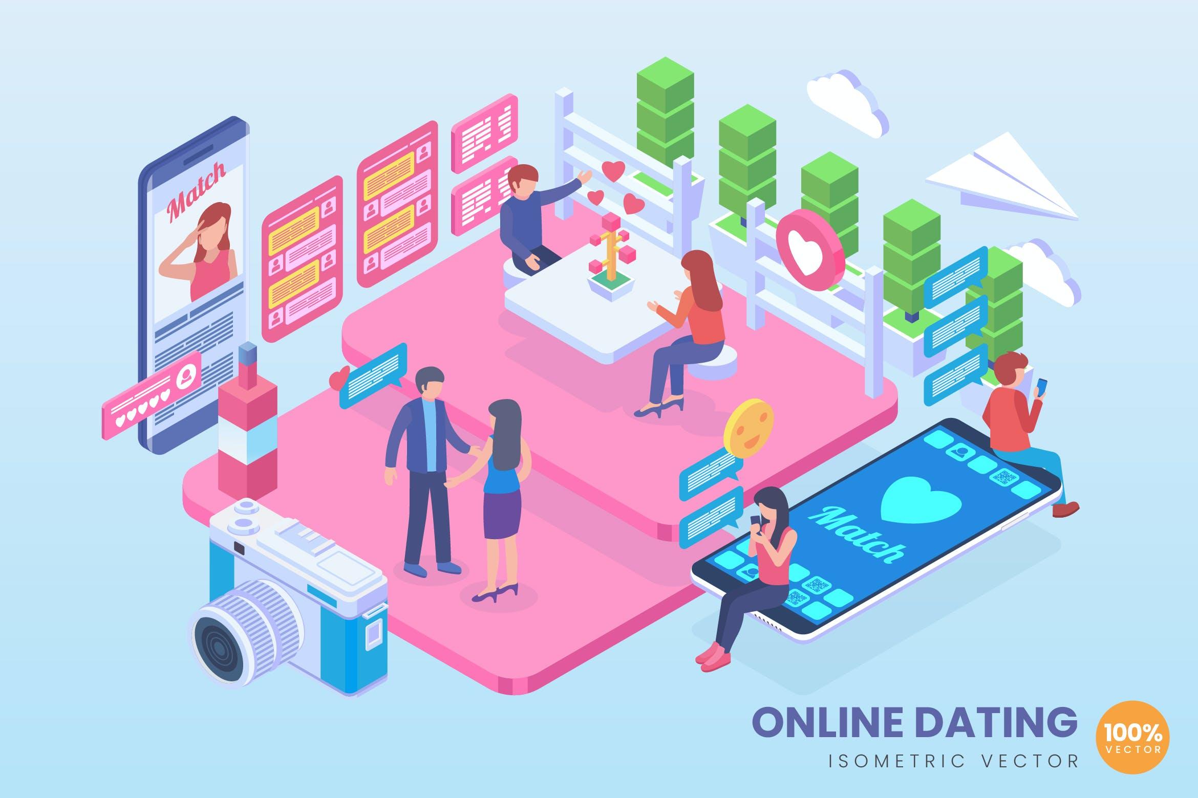 在线约会主题等距矢量概念插画 Isometric Online Dating Vector Concept