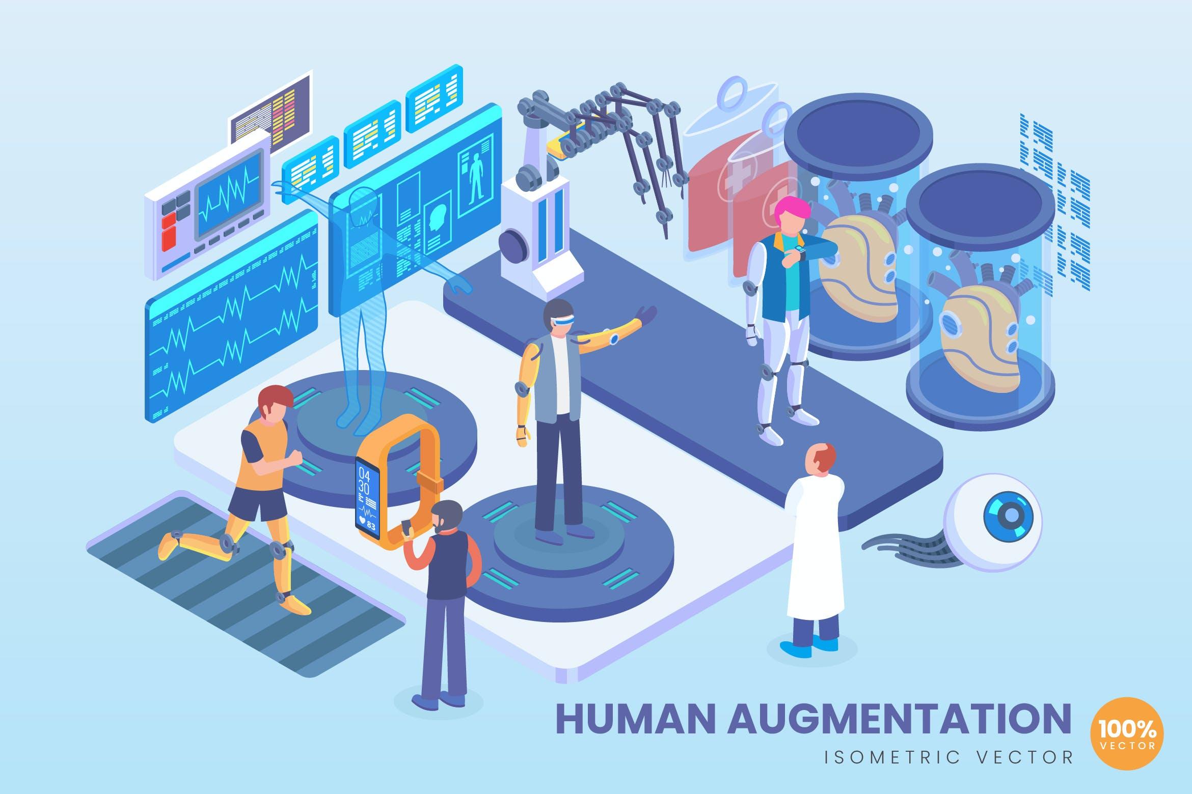 人类增强技术主题2.5D矢量等距概念插画 Isometric Human Augmentation Vector Concept