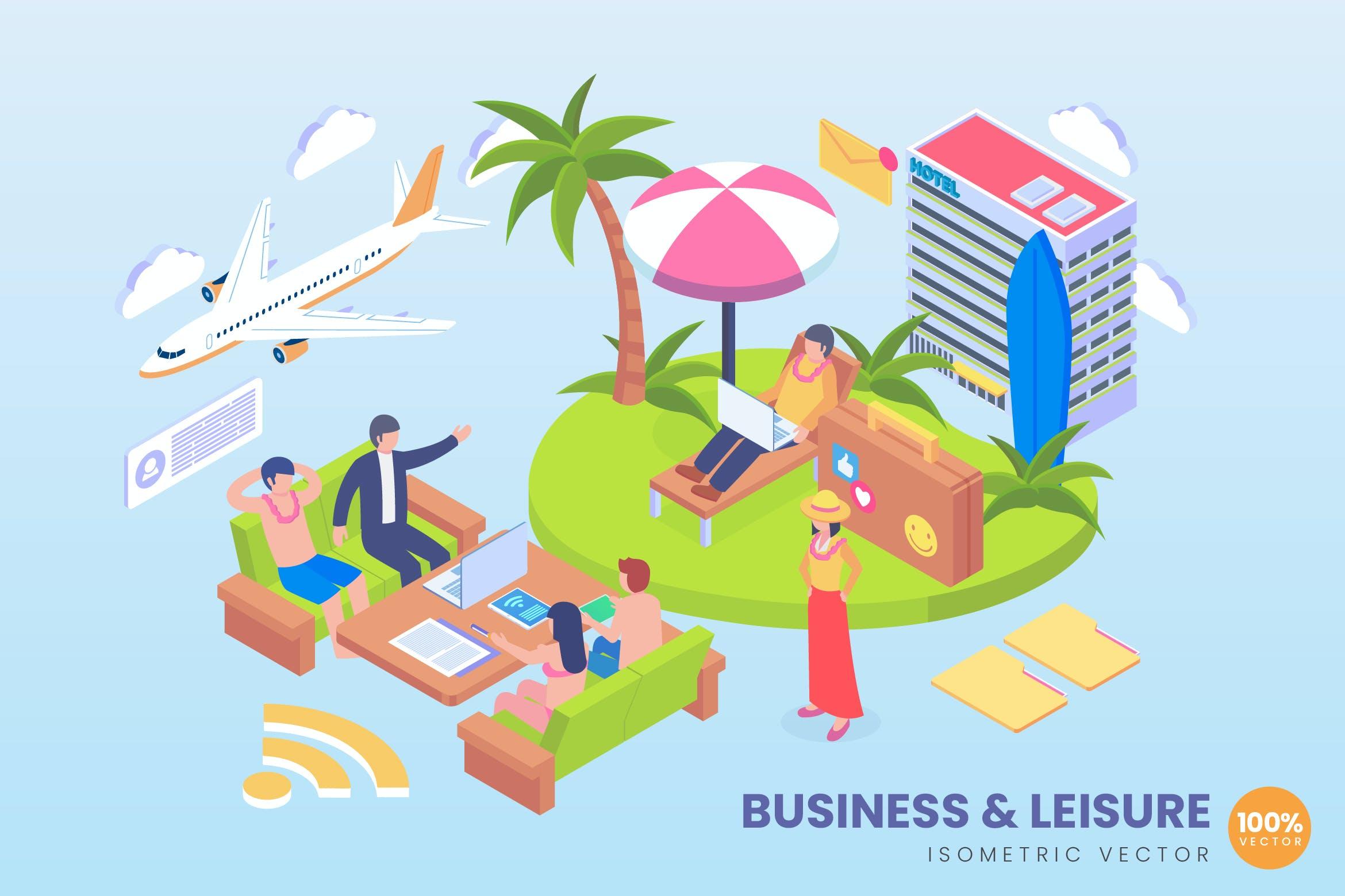 商务休闲主题2.5D矢量等距概念插画 Isometric Business And Leisure Vector Concept