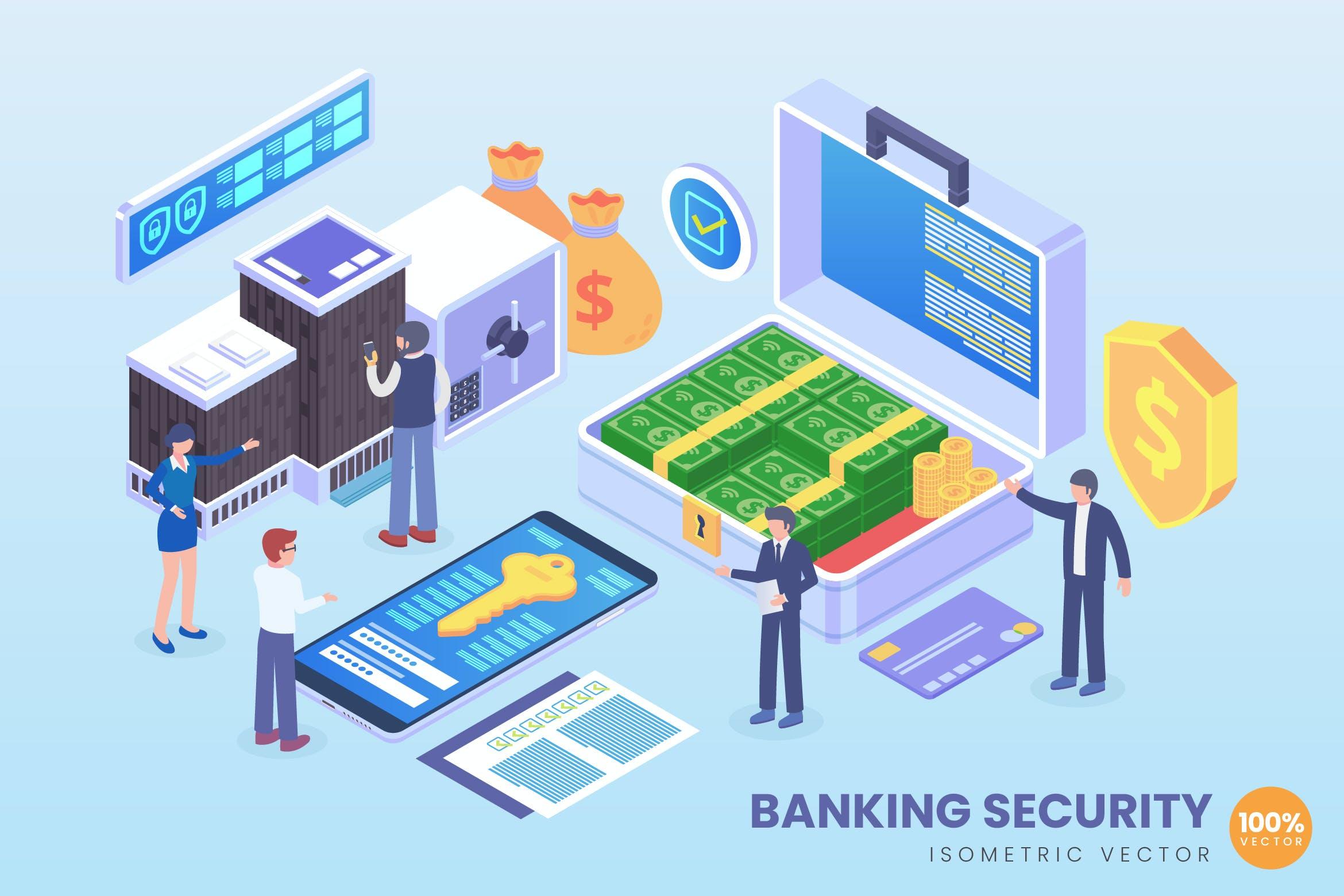 银行安全主题矢量等距概念插画 Isometric Banking Security Vector Concept