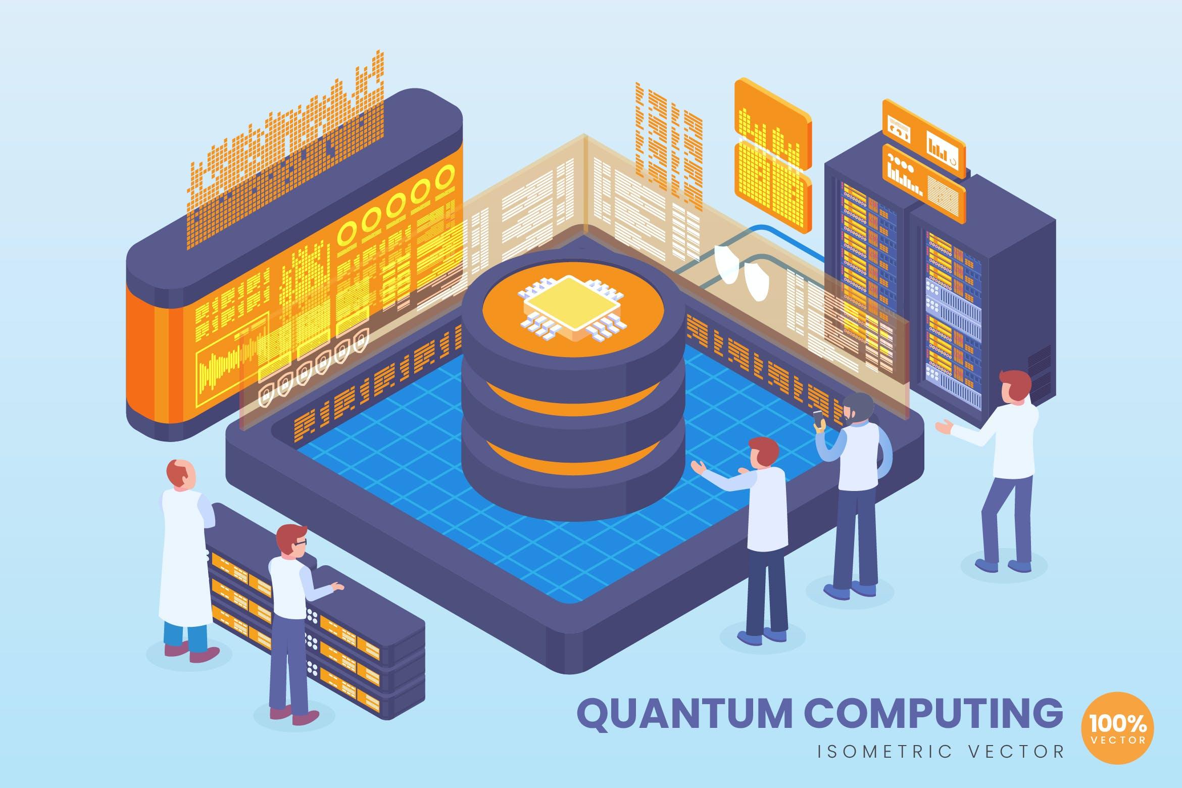 量子计算主题2.5D矢量等距概念插画 Isometric Quantum Computing Vector Concept