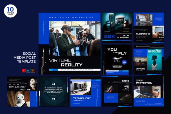 未来科技主题宣传社交媒体PSD&AI模板 Future Technology Social Media Kit PSD & AI Templa