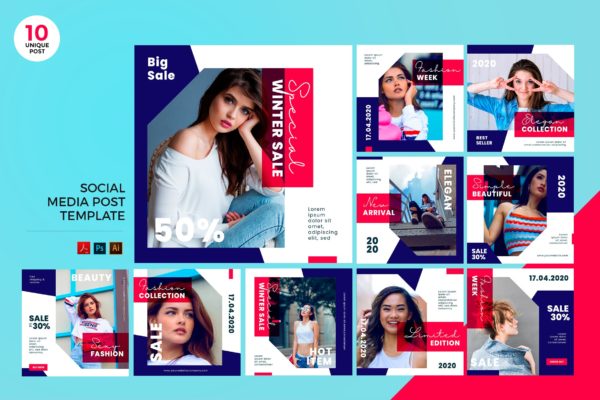 时尚品牌促销活动宣传社交媒体PSD&AI模板 Trendy Fashion Social Media Kit PSD & AI Template