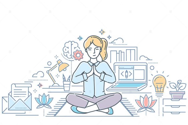冥想主题线性设计风格矢量插画v2 Mindfulness – line design style illustration