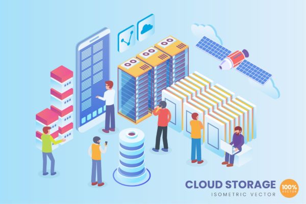 云存储技术主题等距矢量概念插画 Isometric Cloud Storage Technology Vector Concept