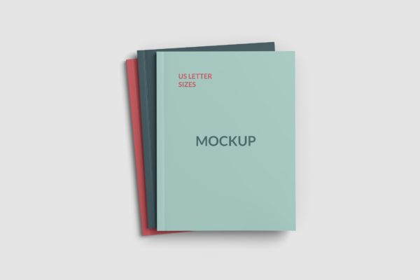 美国信纸尺寸产品目录杂志封面设计叠放效果图样机模板 Triple US Letter size magazine cover mockups