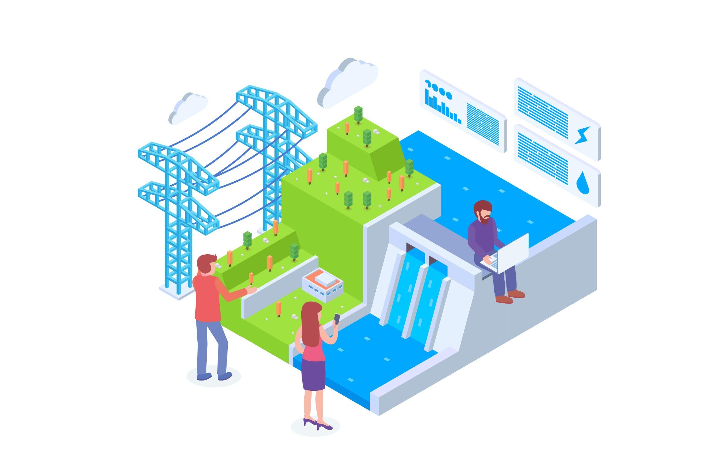 水力发电科技等距矢量概念插画 Hydro Power Technology Isometric Vector