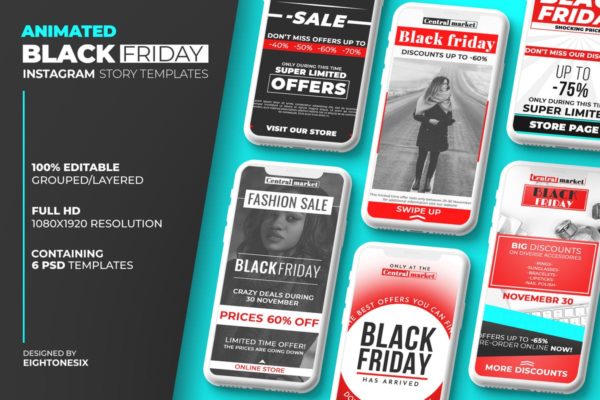 黒五购物节主题Instagram社交广告动画设计PSD模板v2 Animated Black Friday Instagram Stories