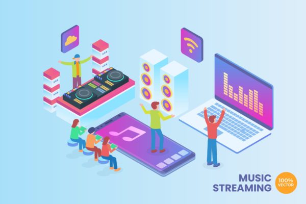 音乐流媒体技术主题等距矢量概念插画 Isometric Music Streaming Vector Concept