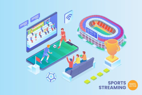 体育比赛流媒体直播主题等距矢量概念插画 Isometric Sports Streaming Vector Concept