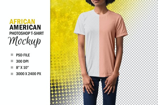 非洲裔美国人女模特T恤穿着效果图样机PSD模板 African American Woman’s T-Shirt Mockup, PSD